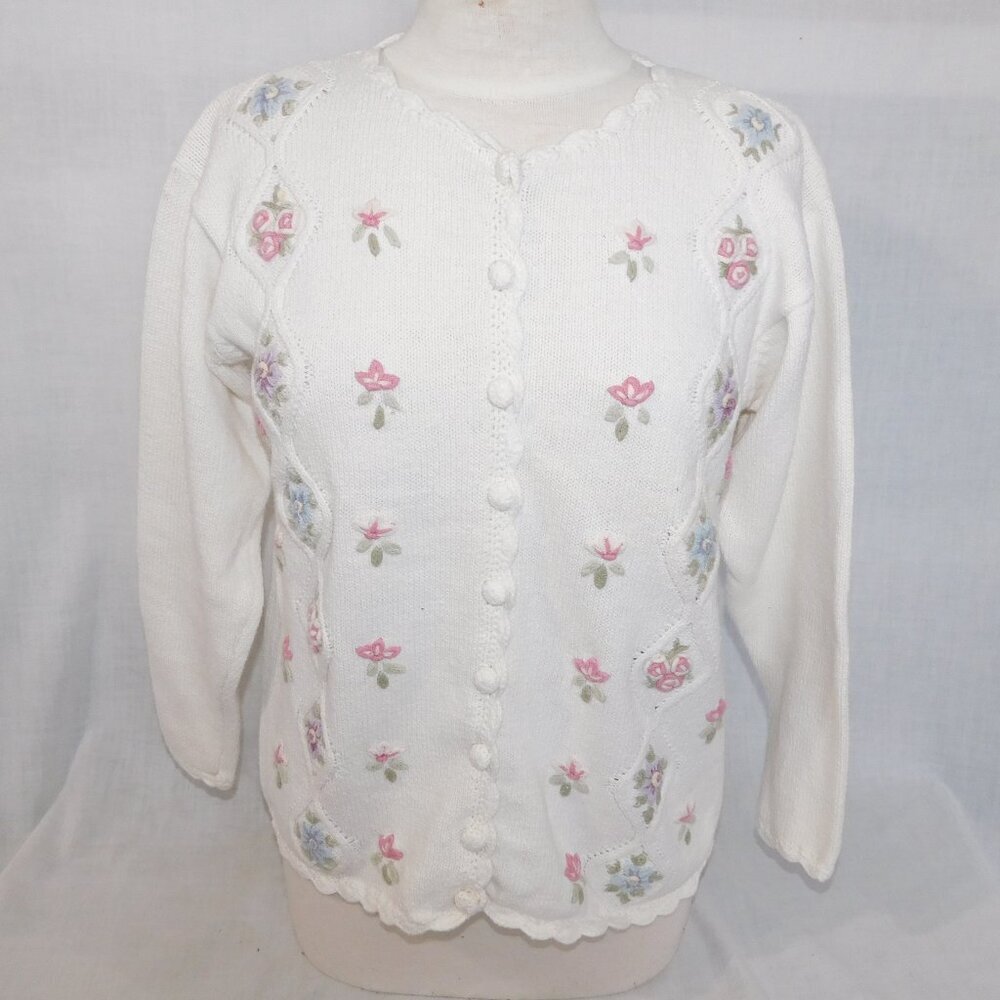VTG White Embroidered Flowers Floral Cardigan Sweater Carolyn Taylor Womens S